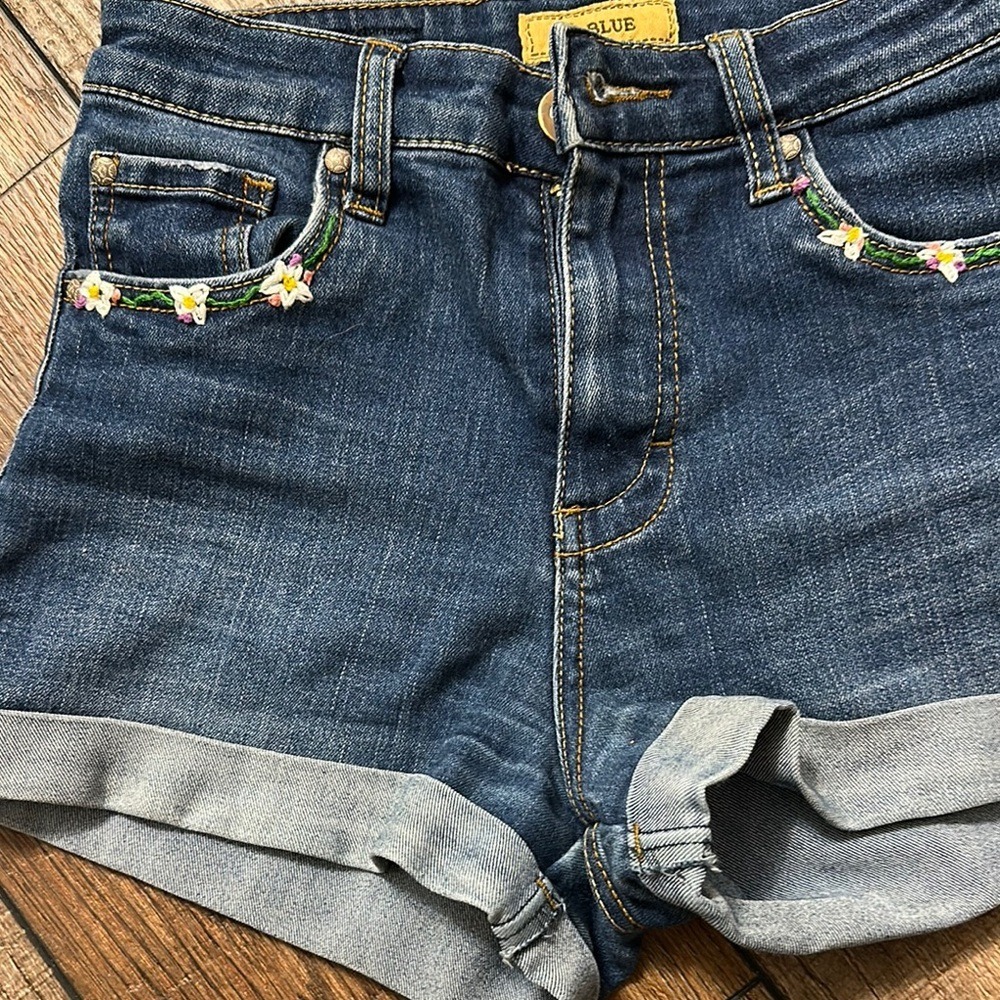 TS Blue Embroidered Bee and Flower Denim Shorts Dark Wash Cuffed Size 3